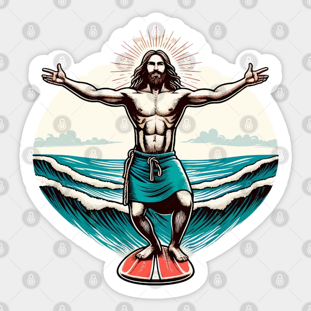 Funny Jesus Christ Surfing Sticker by TomFrontierArt